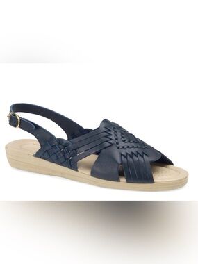Softspots Navy Woven Leather Slingback Sandal with Beige Sole Size 12 Wide